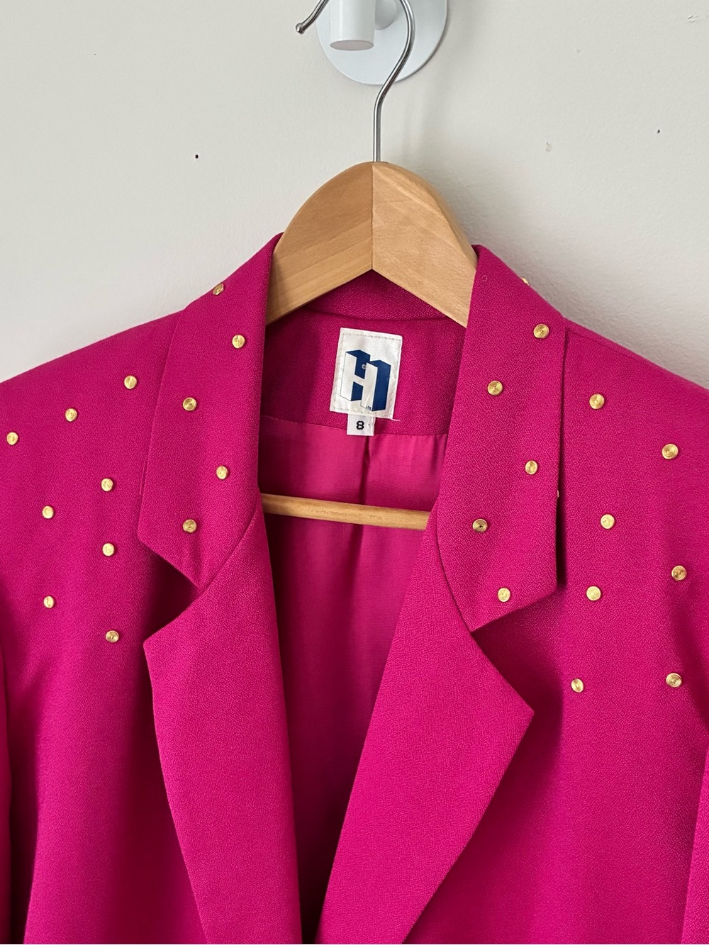 Vintage Fuscia Halston Wool Studded Jacket w/ Matching Skirt Size 8 Made in USA